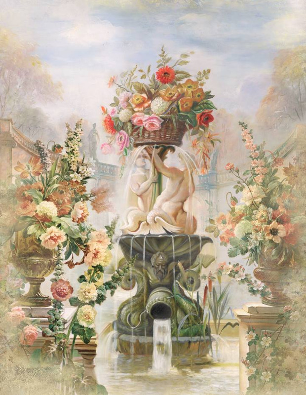 фонтан, статуи, цветы, растения, сад, розы, анемоны, пионы, разноцветные, белые, розовые, красные, болотные, голубые, парк, деревья, небо, облака
