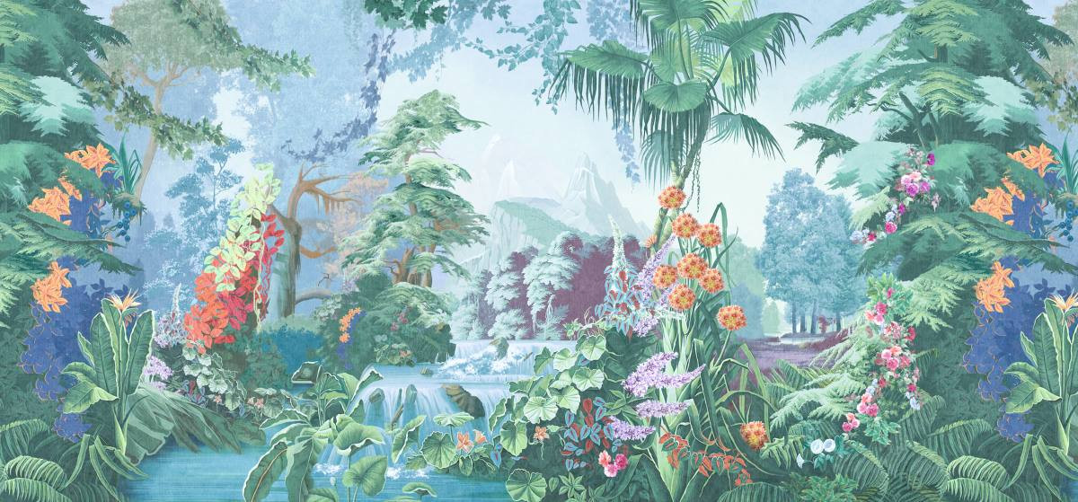 тропики, растения, деревья, цветы, водопад, горы, разноцветные, синие, 3д, стереоскопические
