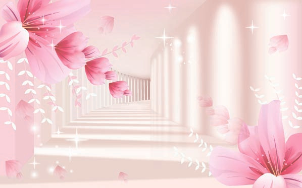 цветы, розовые, сияние, коридор, арки, тень, белые, перспектива, 3д, 3d, стереоскопические