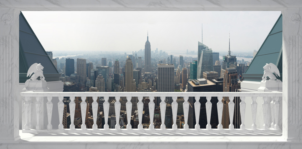 колонны, белые, балкон, статуи, вид на город, небоскребы, нью-йорк, америка, небо, пасмурно, изгородь, 3д, 3d, стереоскопические