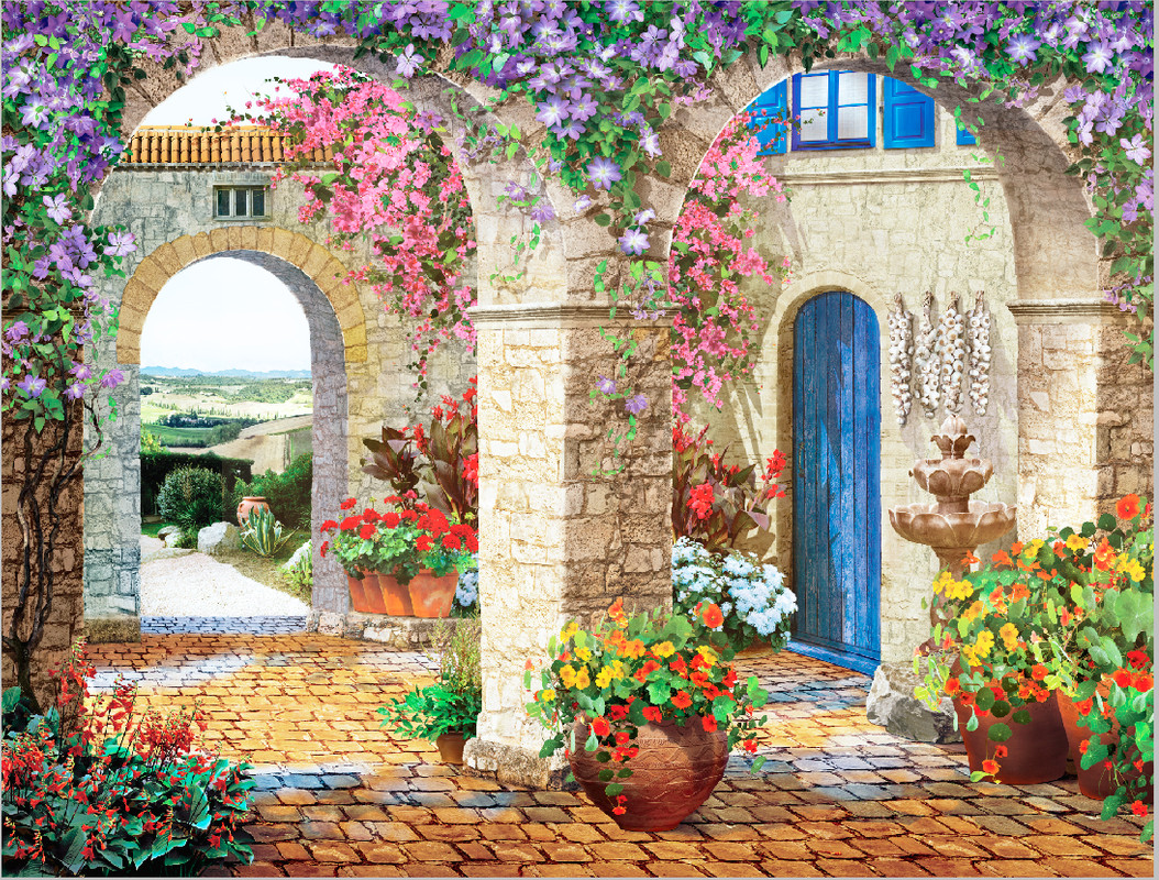 арки, городской пейзаж, цветы, разноцветные, желтые, красные, зеленые, белые, розовые, сиреневые, природа, каменная кладка, каменный пол