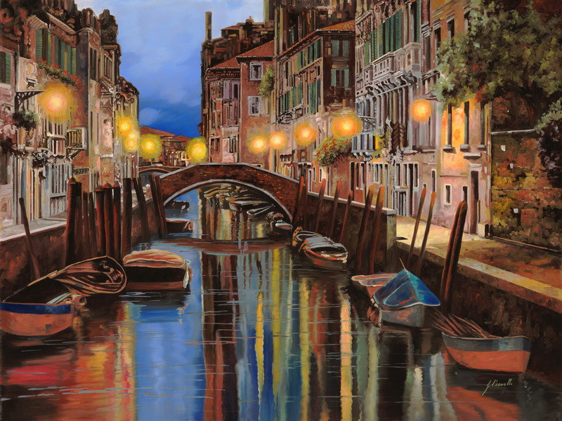 улица, река, венеция, фонари, набережная, мостики, лодки, гондолы, здания, красные, синие, желтые, вечер, небо, дома
