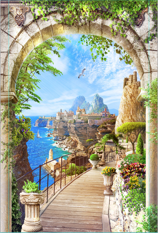 арка, вид из арки, цветы, листья, зеленые, небо, облака, горы, город, здания, дома, камни, скалы