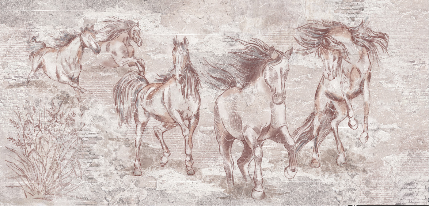 лошади, стена, кирпич, штукатурка, трещины, коричневые, трава, цветы, в стиле лофт, в скандинавском стиле