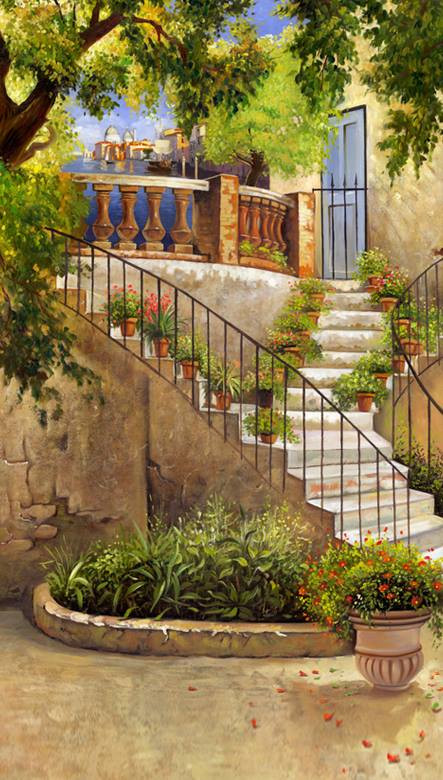 лестница, трава, цветы, балкон, горшки, деревья, на дверь, узкие, вертикальные