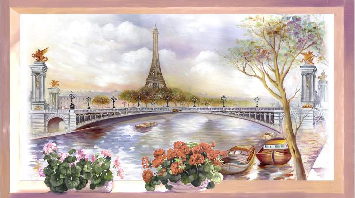 рамка, окно, вид из окна, франция, город, мост, эйфелева башня, водоем, набережная, река, скульптуры, парк, деревья, цветы красные, розовые, лодки