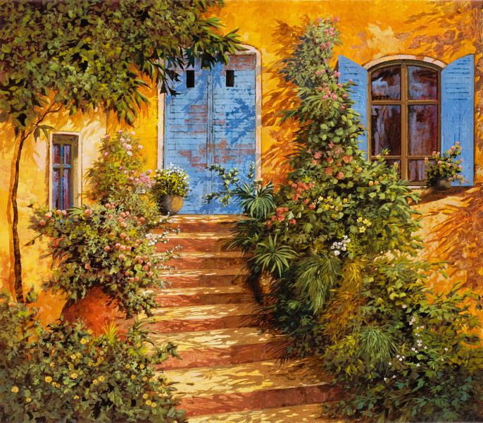 лестница, дом, здание, домик, цветы, клумбы, ставни, окна, синие, коричневые, желтые, зеленые, ступеньки, деревья