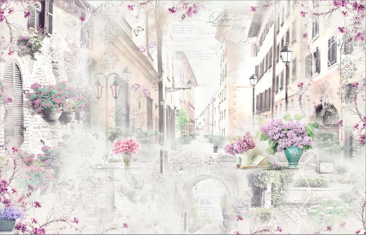 стена, букеты, цветы, улочка, здания, фонари, арки, розовые, фиолетовые, бежевые, окна, в стиле прованс, улицы 