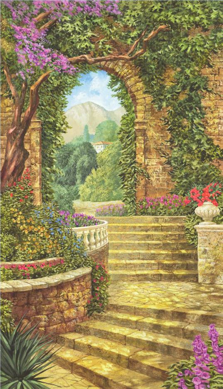арка, лестница, деревья, кирпичная стена, кусты, сад, природа, расширяющие пространство, на дверь, узкие, вертикальные