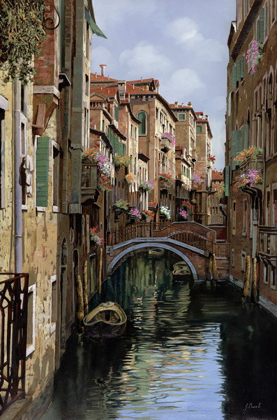 город, улица, река, мостики, мосты, венеция, здания, дома, лодки, вода, окна, цветы, розовые, бежевые, коричневые