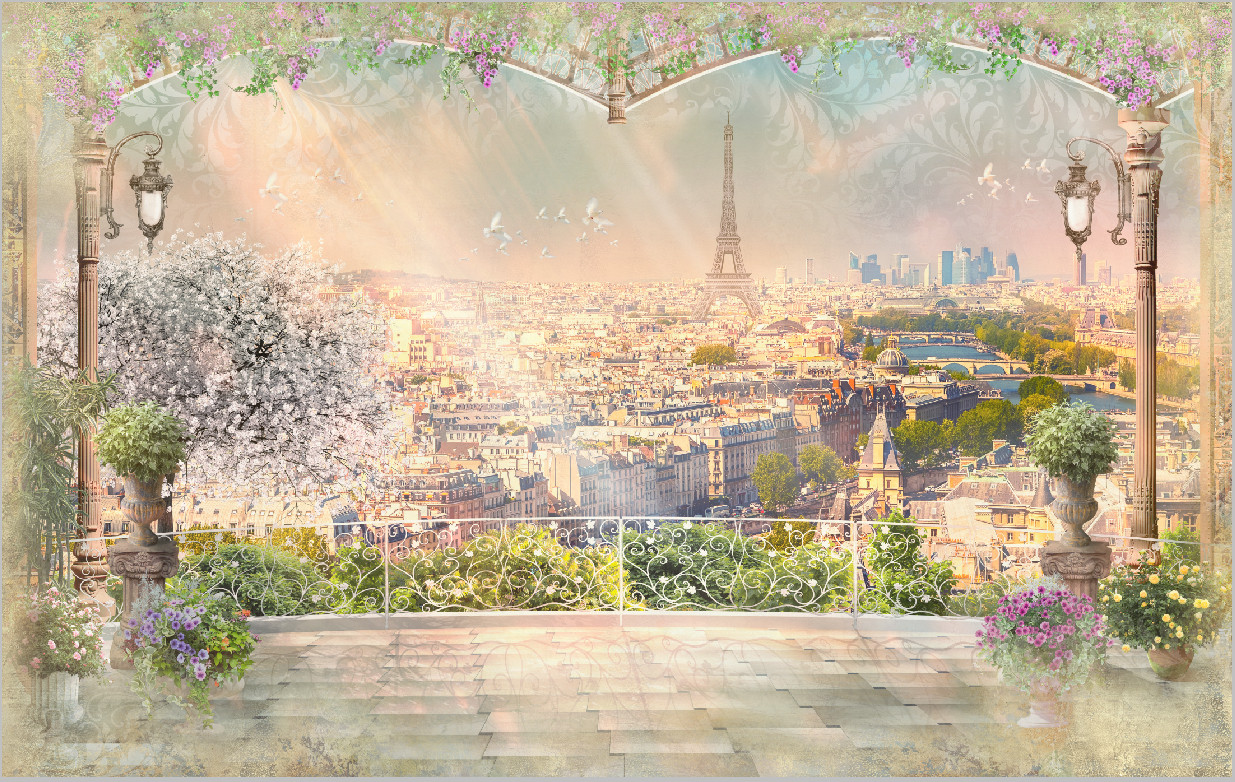 париж, франция, город, эйфелева башня, балкон, изгородь, колонны, арка, солнечные лучи, цветы, желтые, розовые, белые