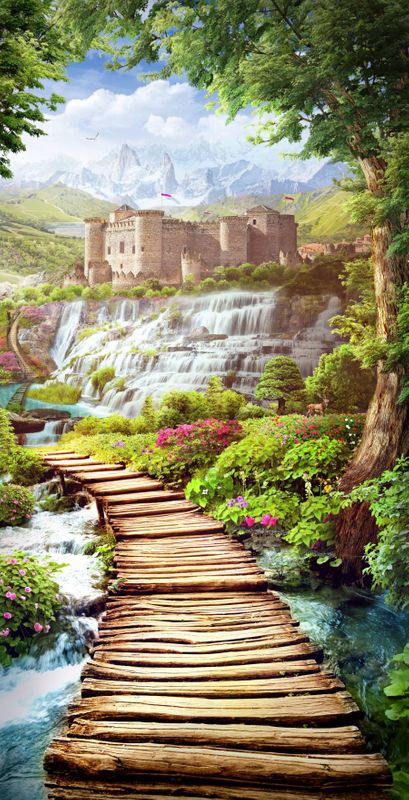 природа, горы, крепость, здание, водопады, растения, зелень, деревья, мост, на дверь, узкие, вертикальные