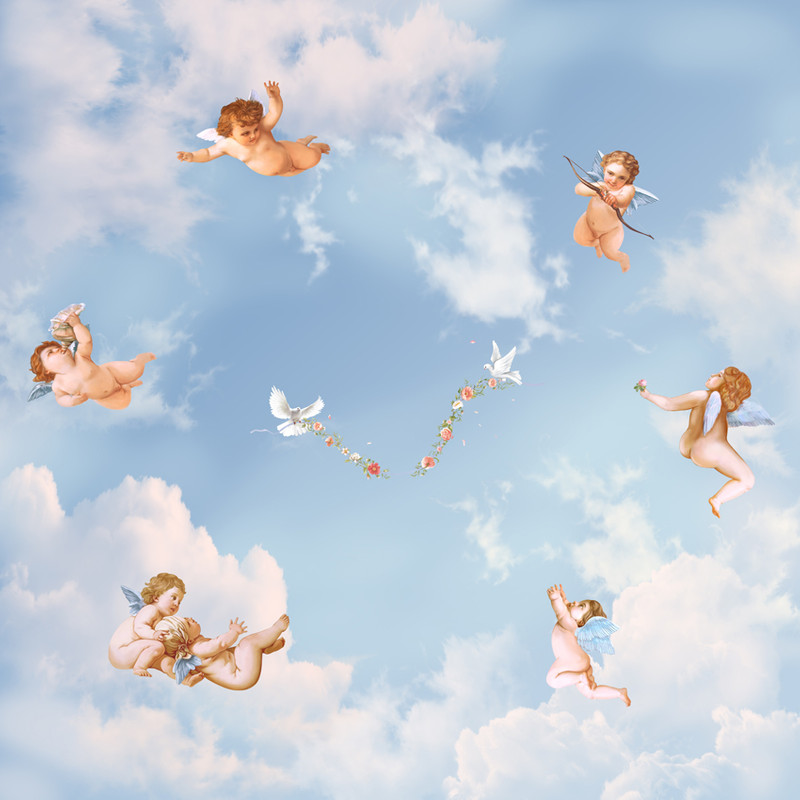 ангелы, ангелочки, дети, небо, небеса, голуби, голубые, белые, облака, цветы, венки