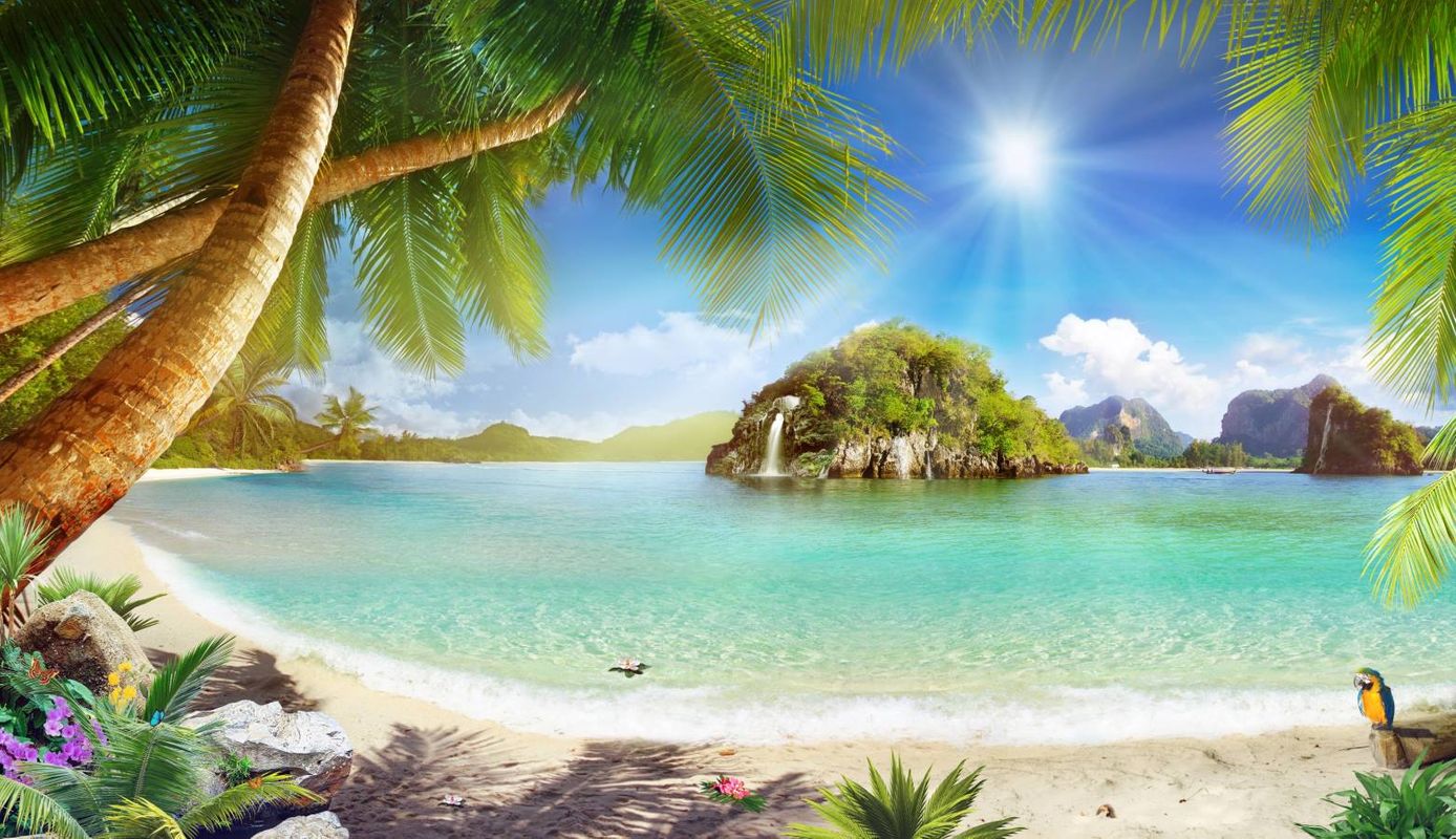 пляж, пальмы, море, песок, белые, горизонт, небо, зеленые, водопад, птицы, попугай, солнце, солнечные лучи, цветы, фиолетовые, желтые, бабочки, камни