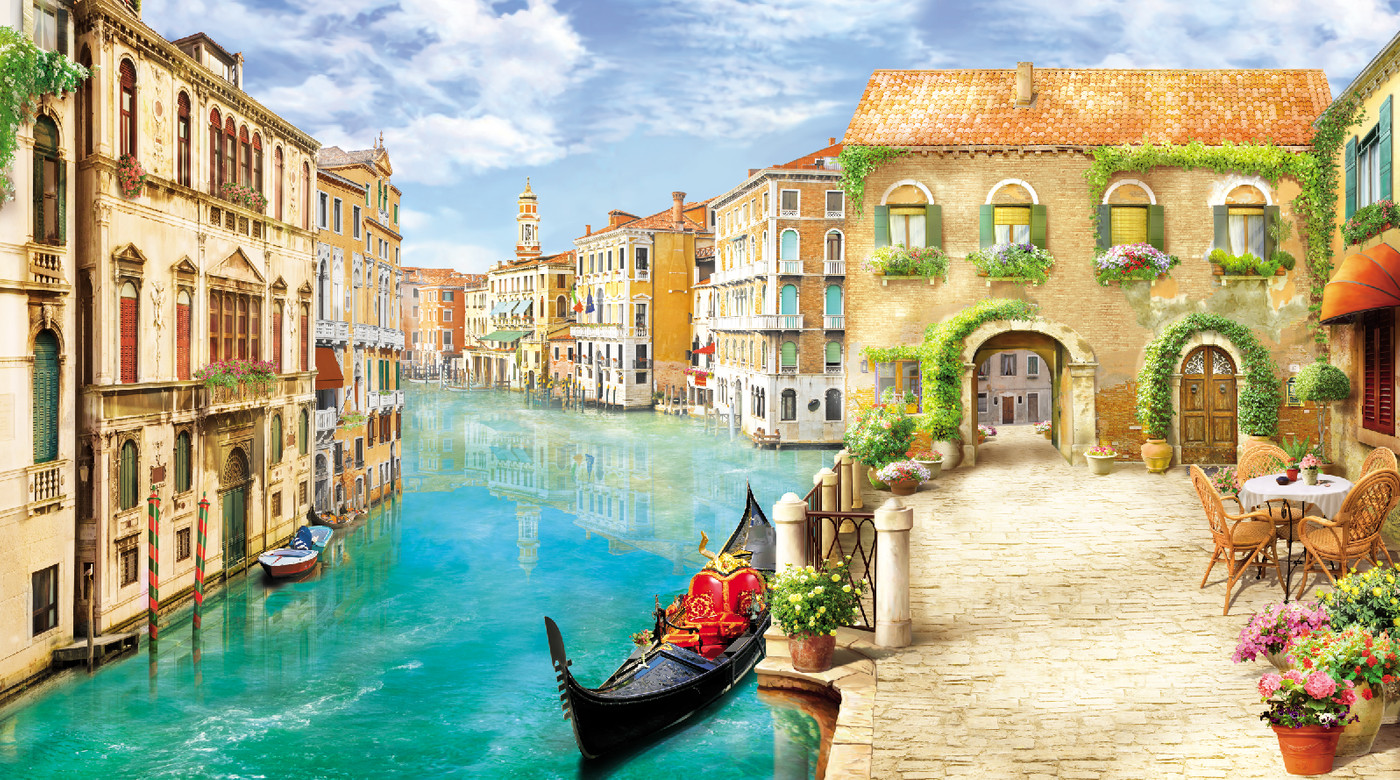 город, река, здания, веранды, балконы, лодки, гондолы, цветы, венеция