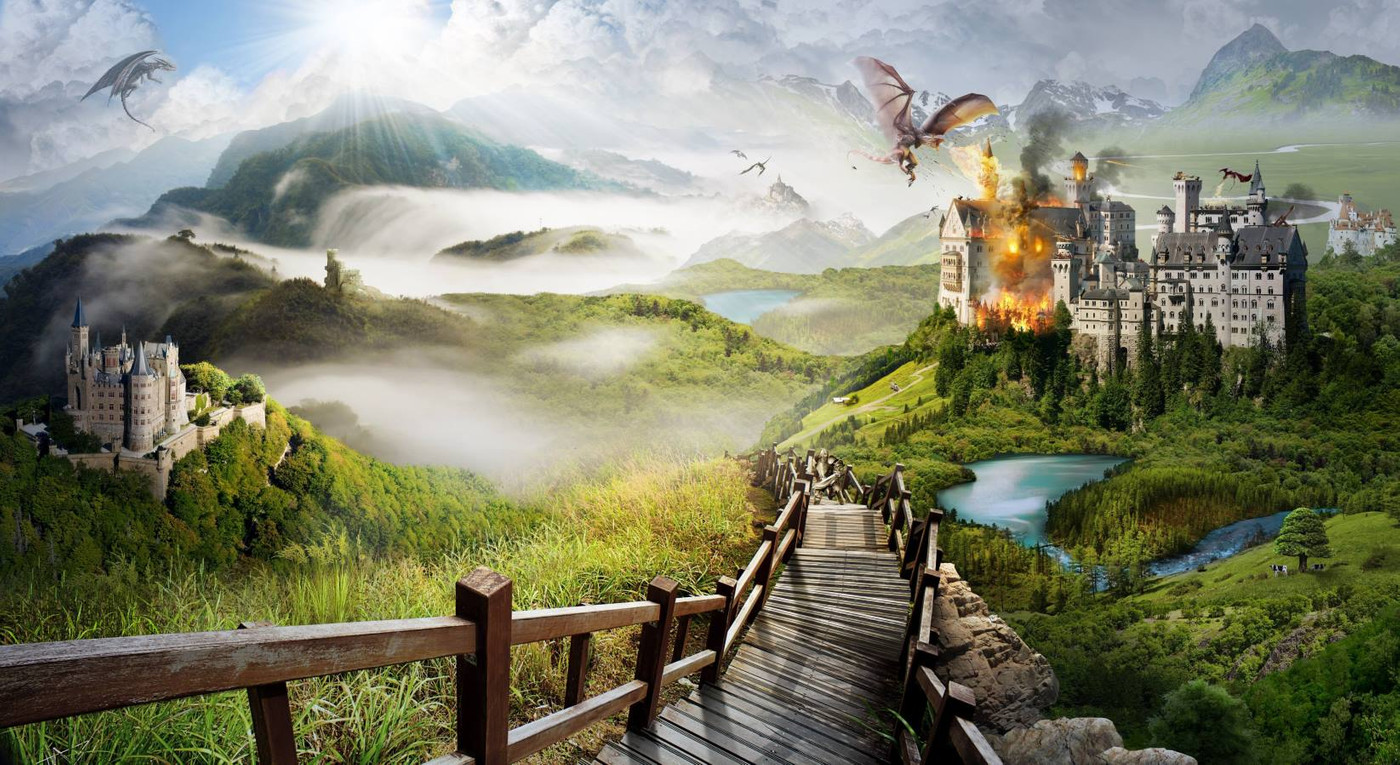природа, горы, холмы, зелень, дворец, замок, водоемы, деревья, лестница, пожар, огонь, пламя, дым, животные, существа, драконы, фантастика, фэнтези