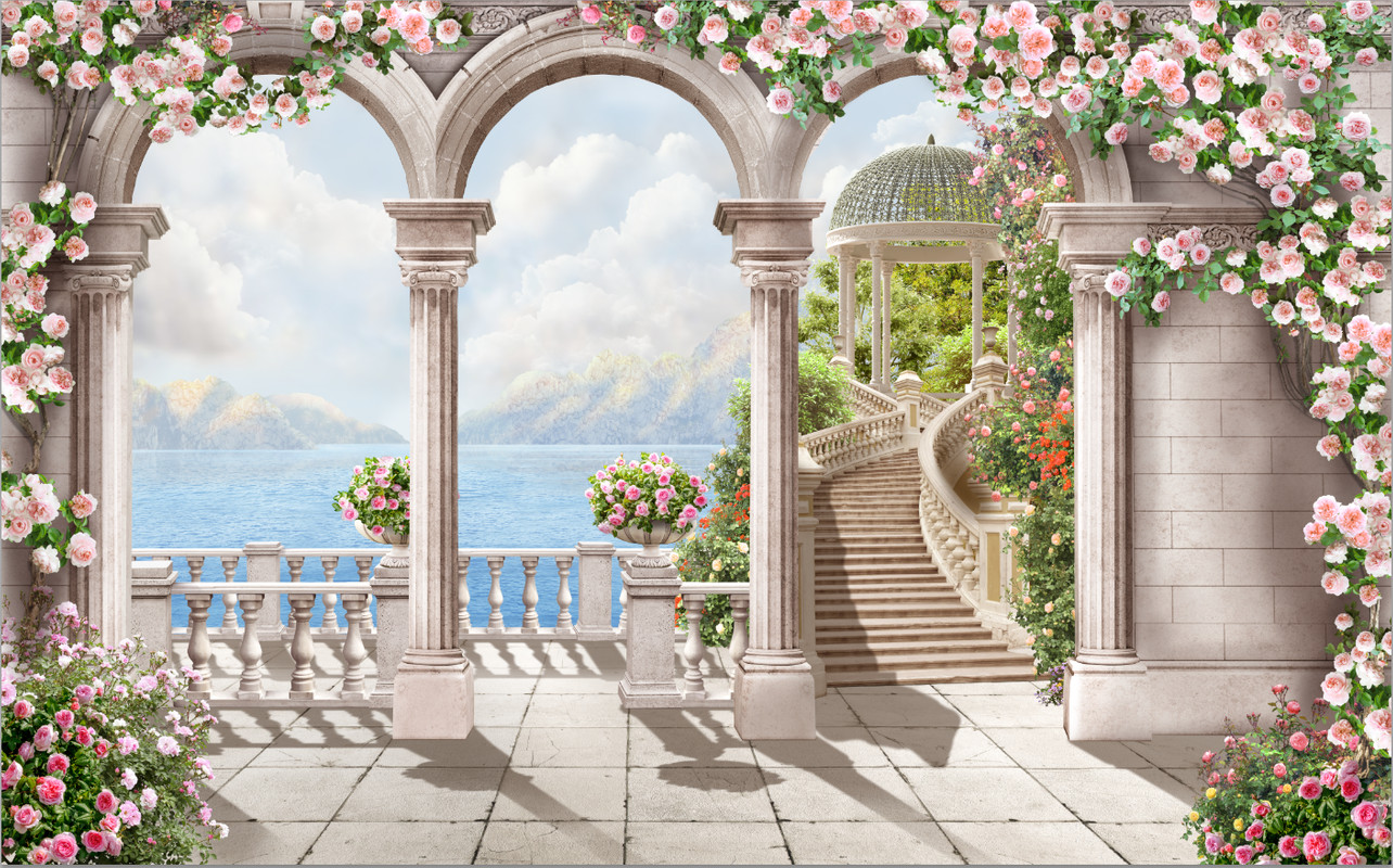 море, пейзаж, природа, арки, горы, цветы, розовые, клумбы, лестница, небо, облака, деревья, веранда, беседка, камень, лепнина, колонны