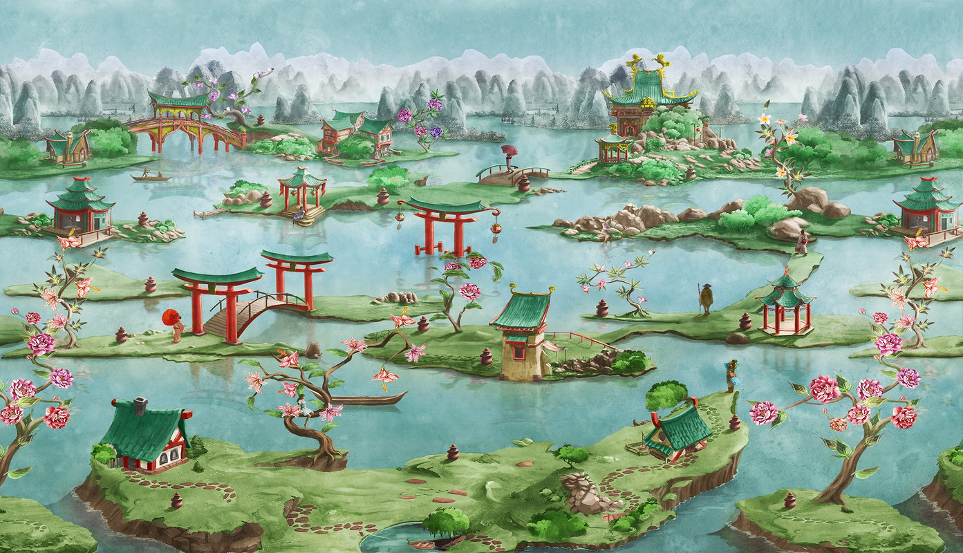 вода, водоем, китай, китайские дома, ворота, китайская пагода, холмы, мосты, камни, остров, украшение крыши, пионы, лилии, мэйхуа, зеленые, красные, голубые, расширяющие пространство