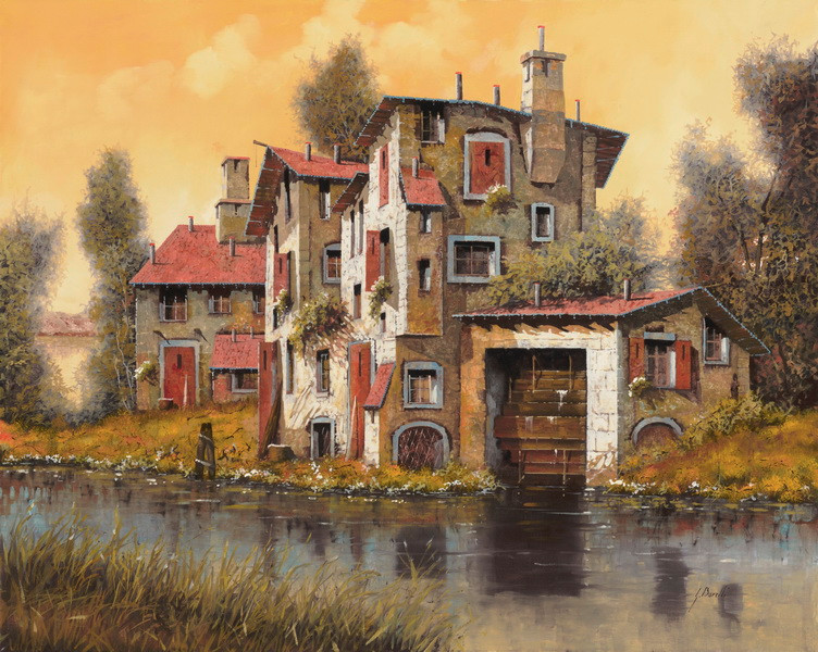 дом, река, здание, деревья, трава, коричневые, осень, небо, камень, красные, окна, бежевые, белые