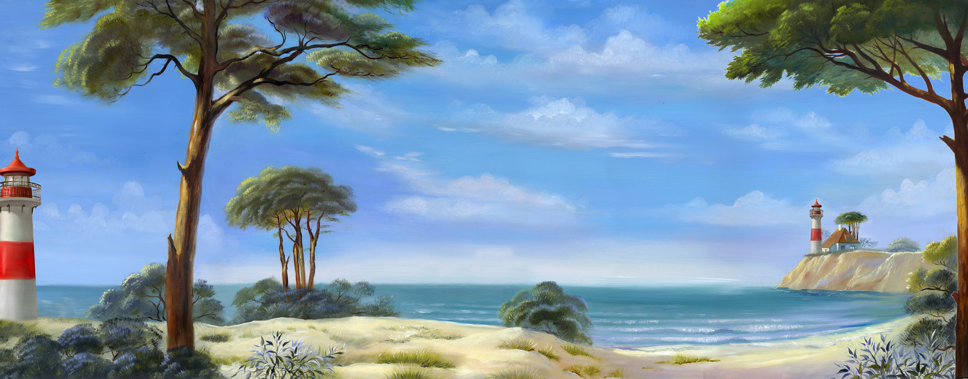 берег, море, океан, песок, трава, деревья, маяк, дом, здание, волны, горизонт, небо, облака