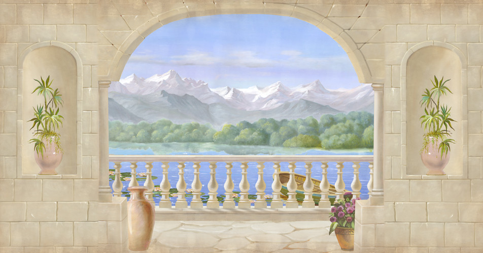 арка, цветы, каменная стена, горы, лес, вода, лодка, кувшинки, пруд, озеро, небо, облака