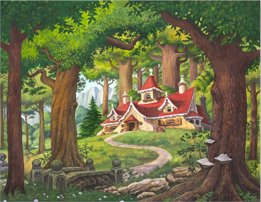 лес, природа, дом в лесу, грибы, деревья, красная крыша, мост, камни, горы, тропинка, трава, зелень, зеленые, коричневые, пейзаж 