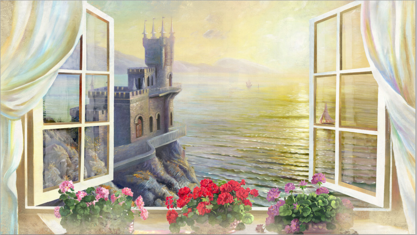 окно, вид из окна, цветы, красные, розовые, сиреневые, скалы, вода, океан, море, парусники, замок, здание, постройка, закат, желтые