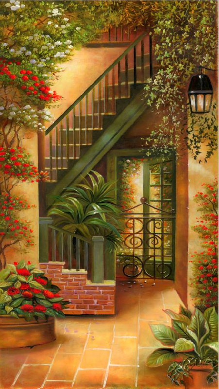 лестница, цветы, фонарь, красные, белые, кирпичная стена, лиана, зеленые, желтые, на дверь, узкие, вертикальные
