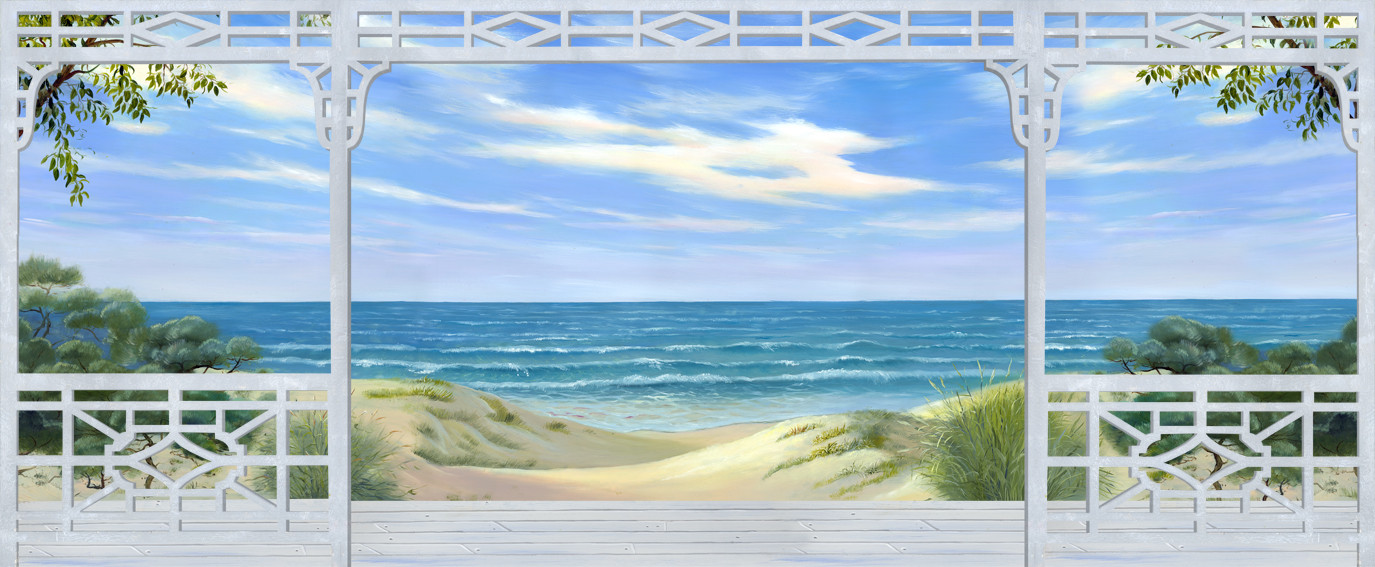 терраса, берег, песок, вид на море, волны, горизонт, облака, небо, трава, кусты, ветви, белые, песочные цвета, синие, голубые, зеленые