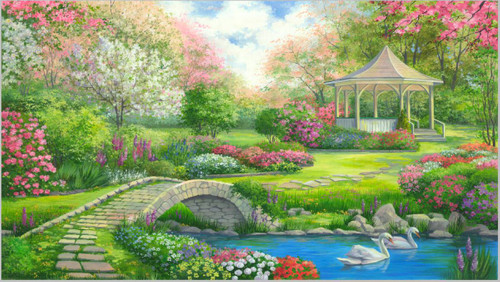сад, внутренний двор, беседка, каменный мост, река, озеро, пруд, вода, водоем, лебеди, лебедь, белые, цветы, деревья, розовые, сиреневые, синие, зеленые, небо, облака
