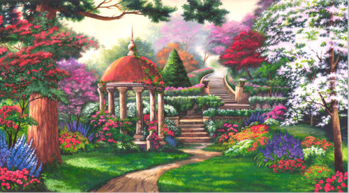 беседка, деревья, сад, тропинка, лестница, газон, цветы, кустарники, кусты, красные, розовые, белые, сиреневые, фиолетовые, яркие, насыщенные, природа