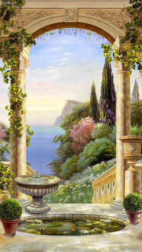 колонны, пруд, кувшинки, растения в горшках, вазы, фонтан, лианы, цветы, лес, деревья, горы, море, вода, на дверь, узкие, вертикальные