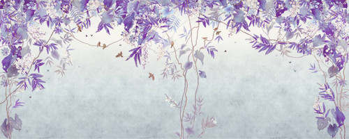 Цветы, буддлея, пионы, бабочки, птицы, воробьи, ветви, фиолетовые, серые, голубые