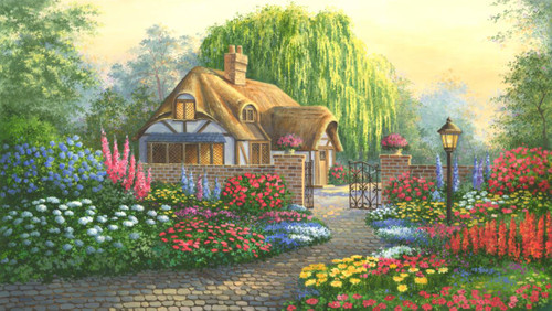 дом, тропинка, забор, изгородь, цветы, кусты, кустарники, деревья, плакучая ива, сад, здание, белые, синие, розовые, желтые, красные, сиреневые, зеленые, закат, фонарь