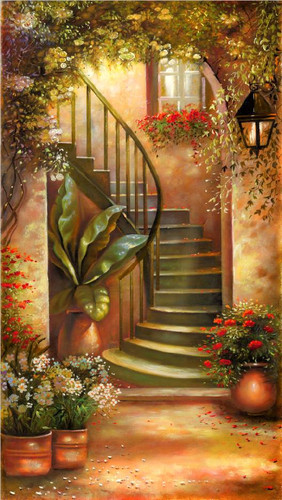 лестница, цветы, красные, белые, зеленые, окно, фонарь, желтые, на дверь, узкие, вертикальные