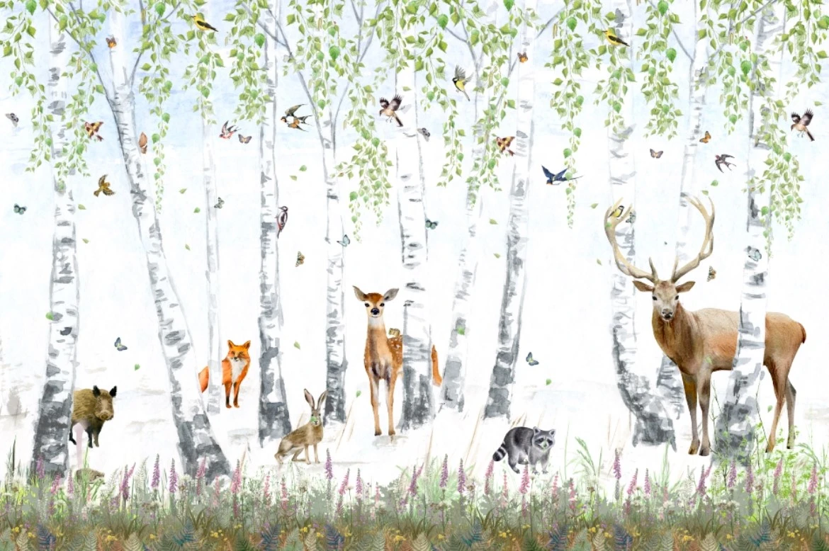 Олень в березах. Обои с лесными животными для стен. Фотообои олень. Роспись стен олени. Фреска с оленями в лесу.
