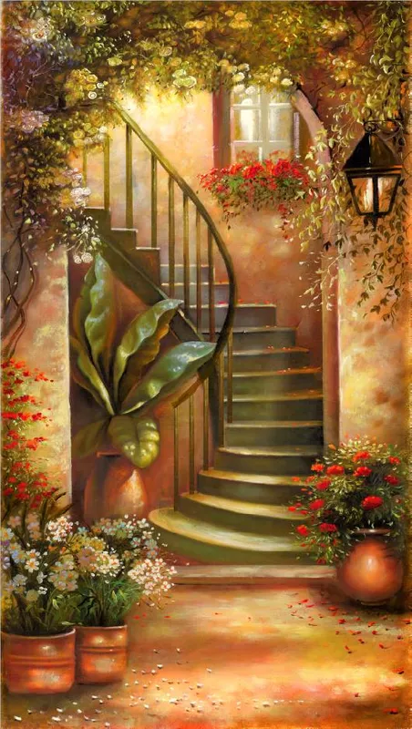 лестница, цветы, красные