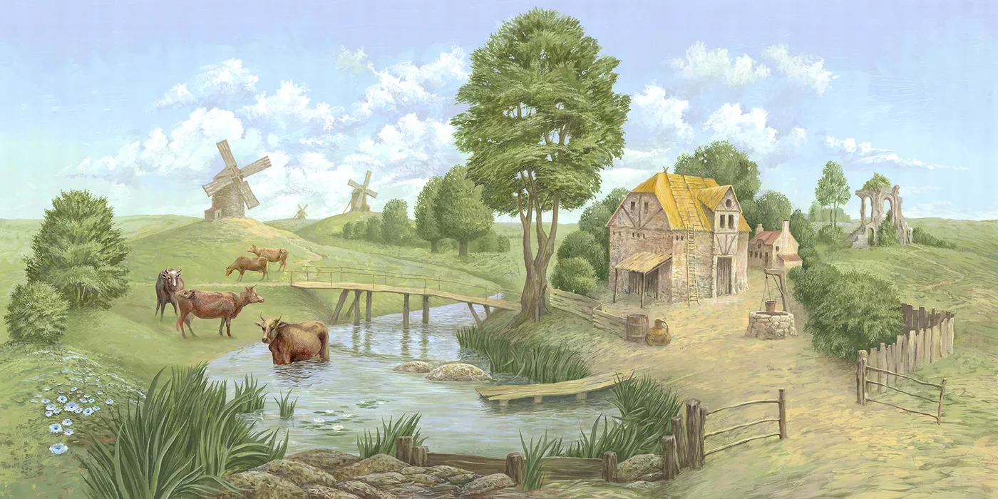 деревенский пейзаж, мельницы, коровы