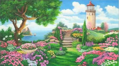 маяк, море, сад, цветы, деревья, растения, розовые, белые, желтые, облака, небо, камень