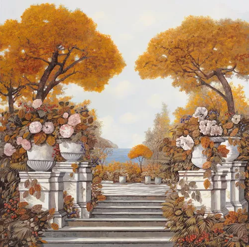 рисунок, цветы, осень, деревья, небо, желтые, природа, оранжевые, розовые, лестницы, ступеньки, камень, белые