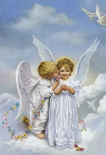 ангелы, небо, дети, цветы, голуби, облака, крылья, перья 
