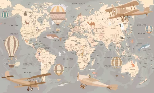 карта, география, мир, континенты, страны, коричневые, самолеты, воздушные шары, животные, детское, для подростка, серые, желтые, карта мира для детей, для мальчика, детские, мальчику, в детскую комнату, для подростков, для девочки, карта мира