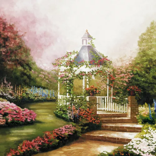 сад, беседка, цветы, розовые, белые, синие, зеленые, дорожка, лестница, деревья, лес, природа