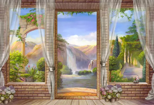 арка, природа, дерево, вода, растения, цветы, птицы, лестница, водопад, гортензия, камень, каменная стена