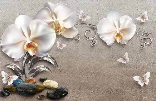 цветы, орхидея, орхидеи, белые, желтые, стебли, бабочки, камни