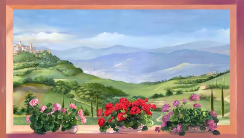 рамка, окно, вид из окна, холмы, тропинки, город, лес, небо, облака, цветы, розовые, красные, фиолетовые