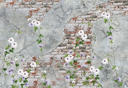 стена, кирпичная стена, камень, узоры, трещины, цветы, растения, листья, лепестки