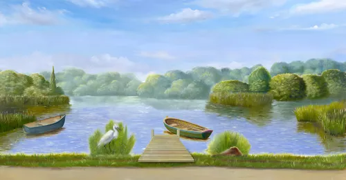 лодки, вода, пруд, озеро, лес, деревья, цапля, небо, облака