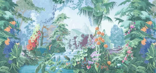 тропики, растения, деревья, цветы, водопад, горы, разноцветные, синие, 3д, стереоскопические