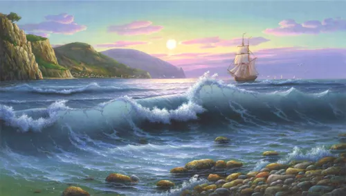 море, волны, корабль, каменный берег, холмы, скалы, закат, розовые облака